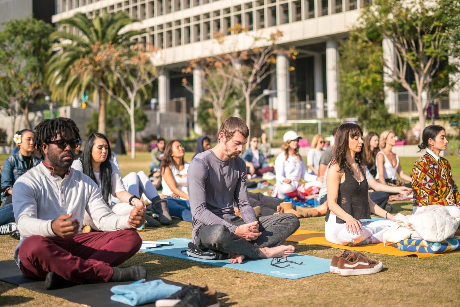 A crowd seated in meditation on a city lawn