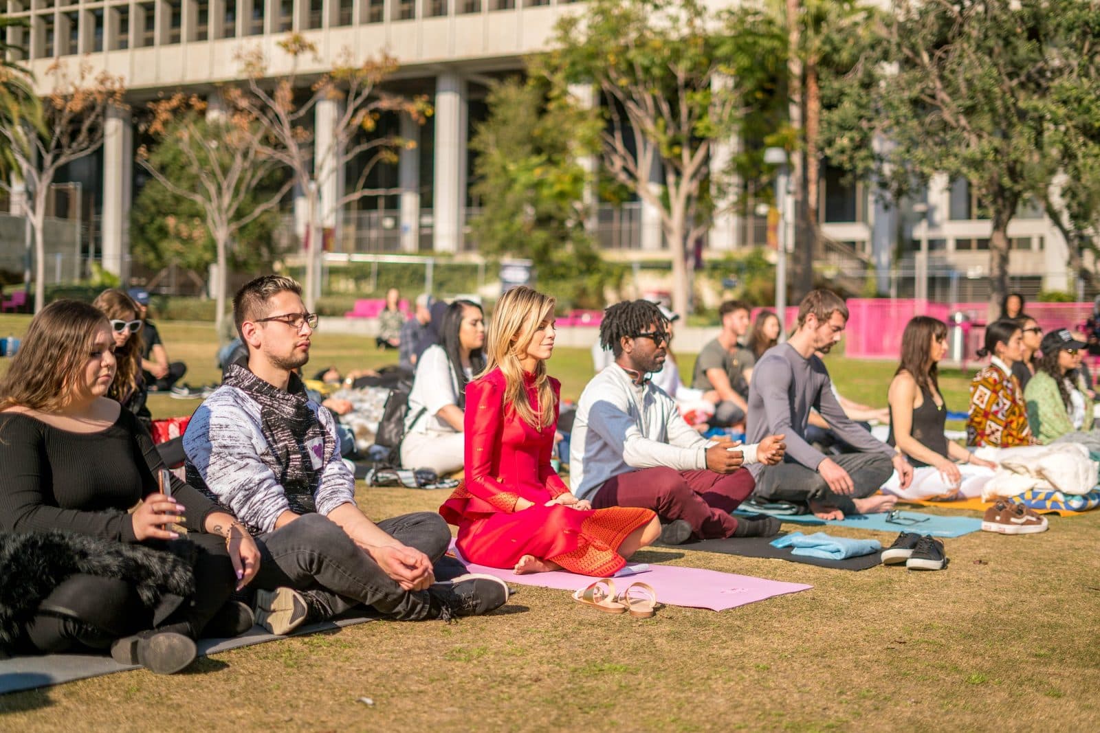 A mass meditation on the lawn in downtown Los Angeles