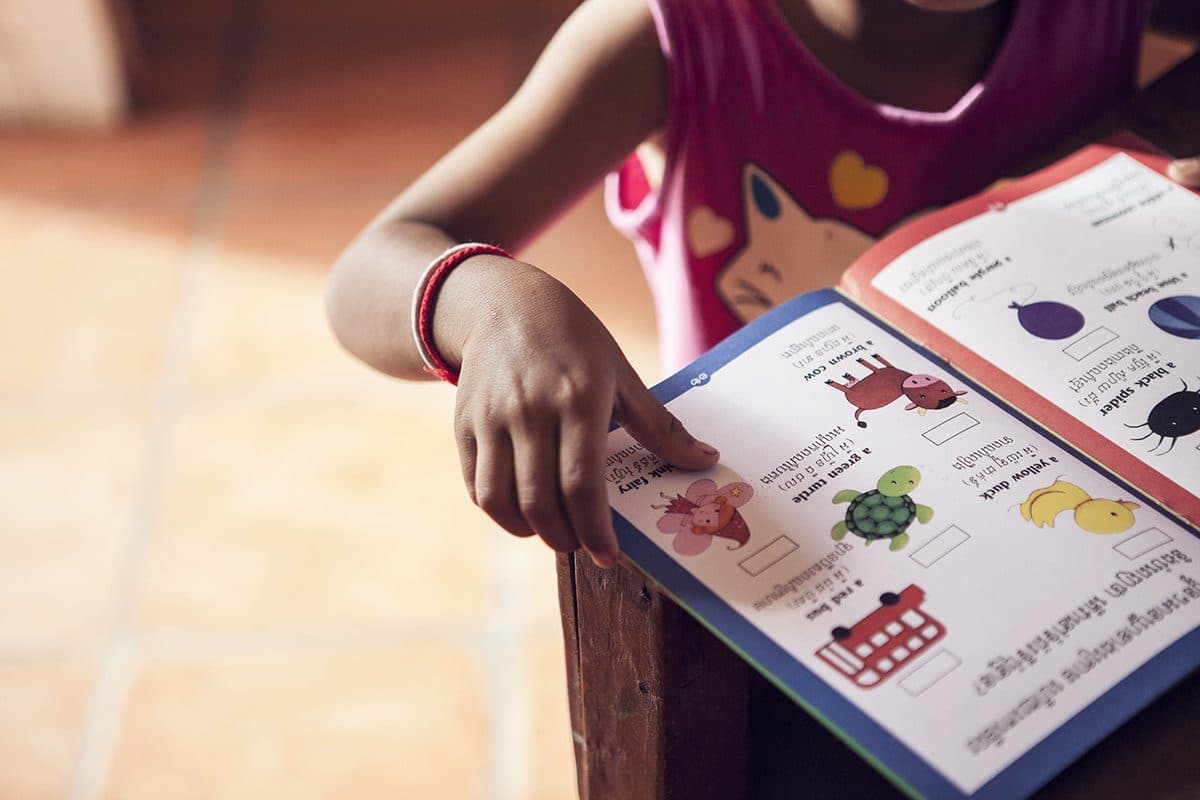 A child pointing at a picture book