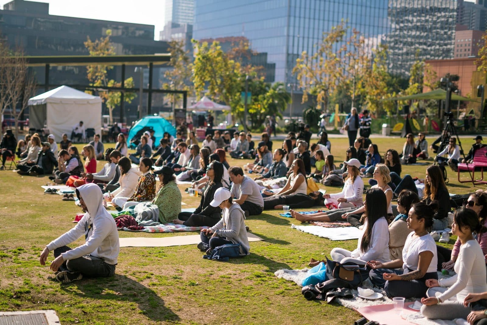 The crowd meditating on the lawn