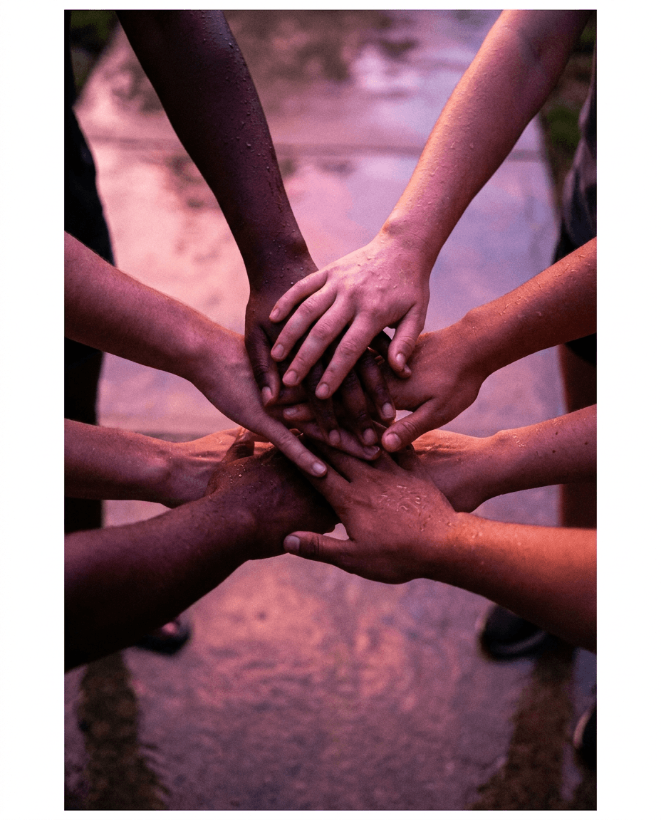 Hands of many people joined in a circle under storm light